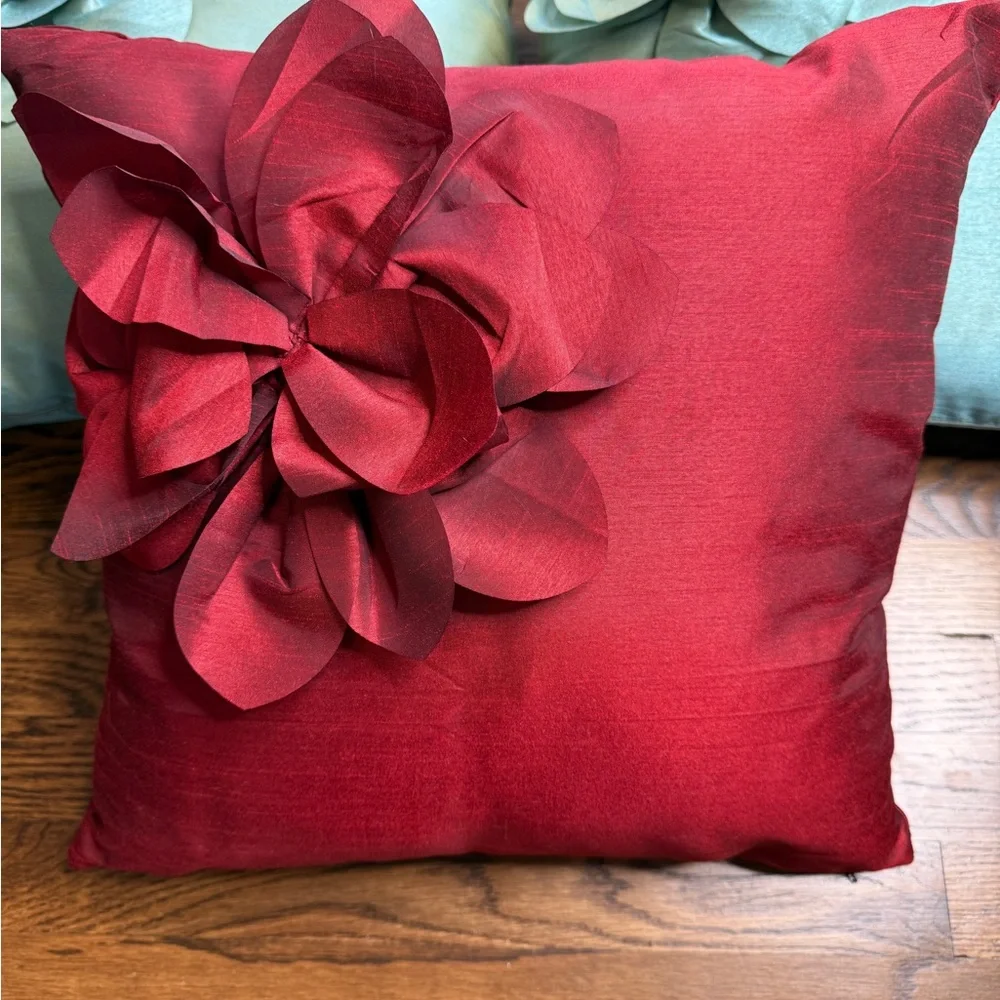 Raw Silk- Look Floral Accent Throw Pillows - Burgundy and Turquoise